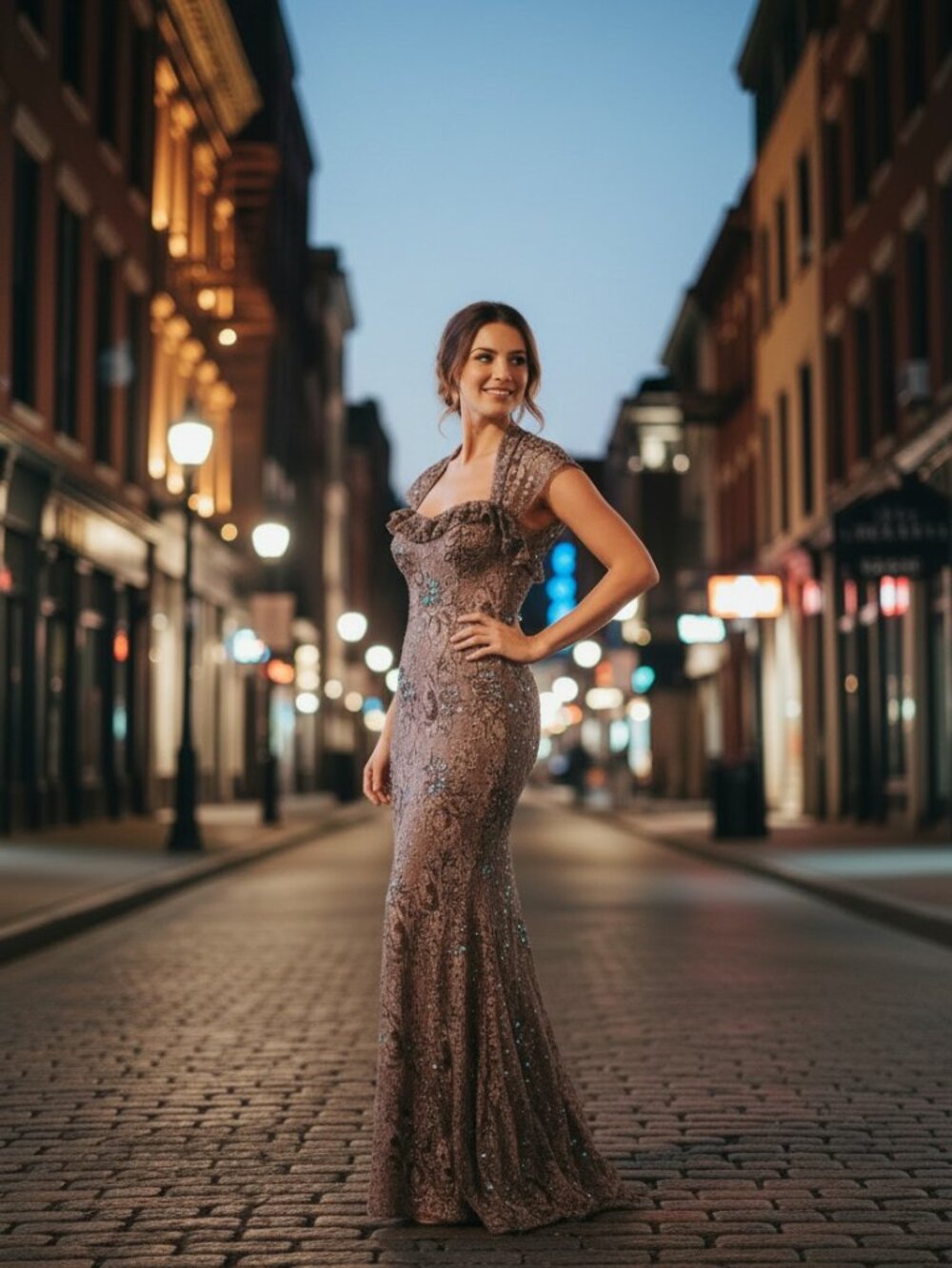 Nina Austin 100% Silk Bronze Mermaid Evening Gown with Gems & Turquoise accents